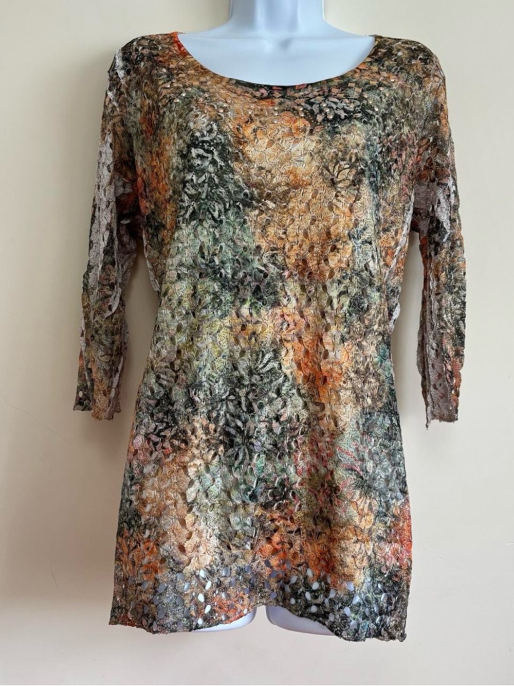 Frazzle Tunic Top Lace Overlay Crinkle Abstract Boho Artsy Size M/L
